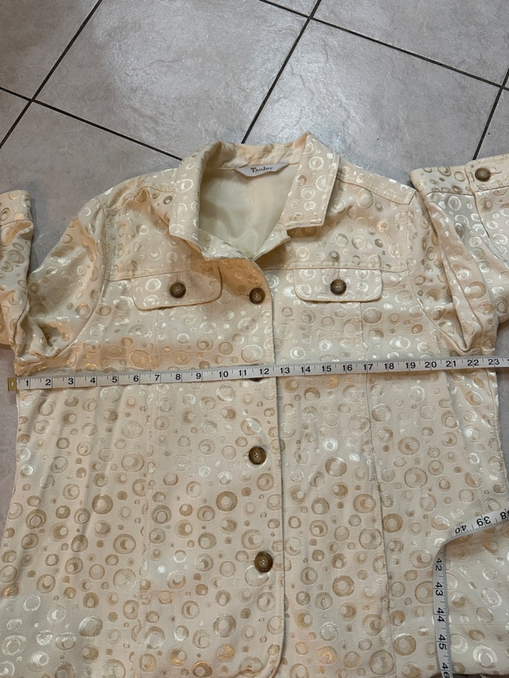 TANJAY Light Ivory 90’s Retro Jacket, Gold Tone Jacquard Pattern Sz Petite L-XL - Picture 8 of 10